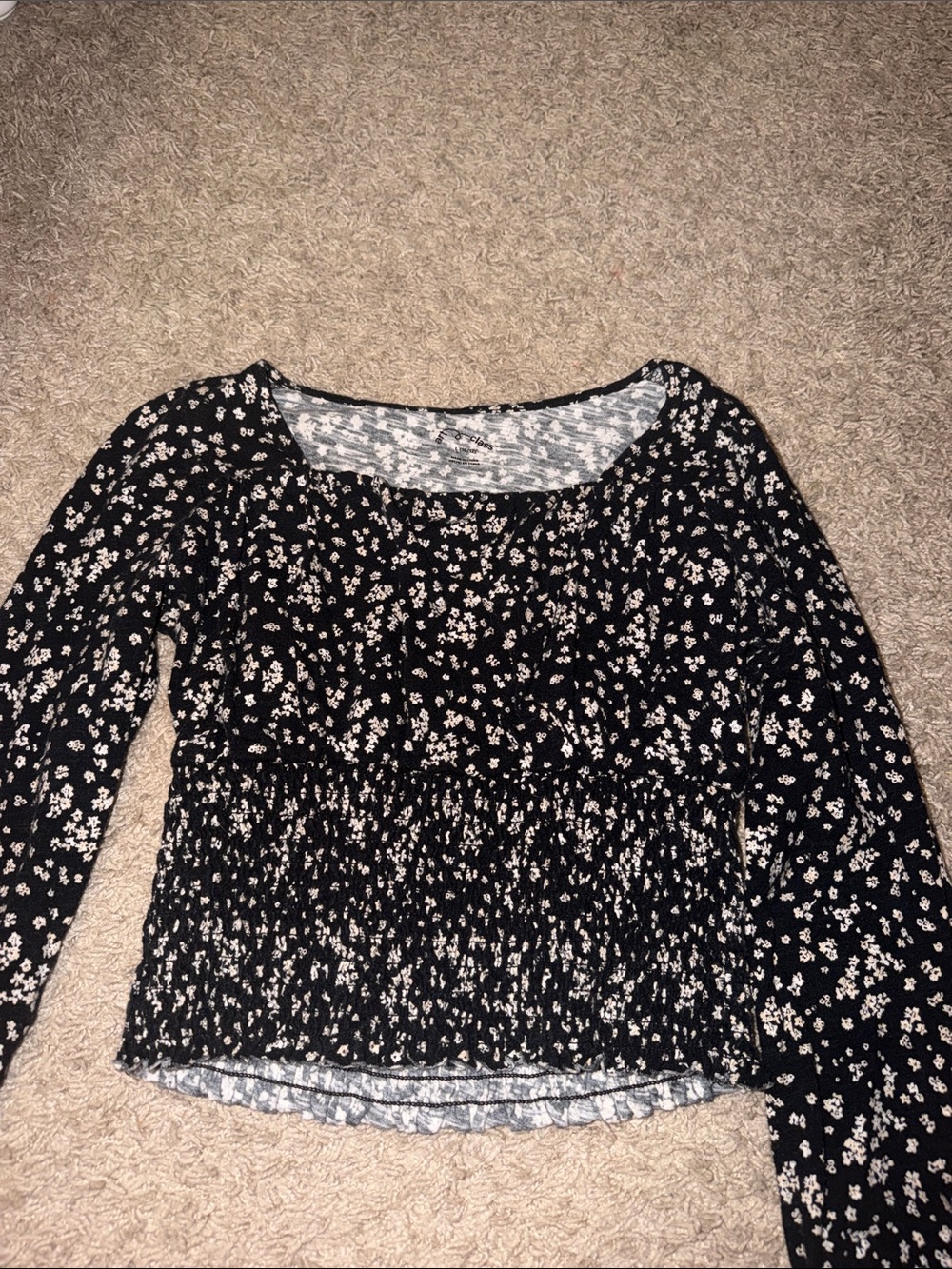 Black Floral Long-Sleeve Smocked Waist Top
